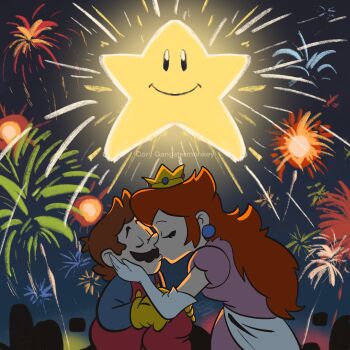 1boy 1girl brown_hair crown dress earrings facial_hair fireworks gloves hat jewelry kiss long_hair mario mario_(series) mustache night nintendo overalls pink_dress princess_peach red_hair super_mario_bros._1 super_star_(mario)