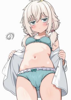 1girl ahoge aqua_bra aqua_panties blue_eyes blush bra cameltoe closed_mouth expressionless eyebrows_hidden_by_hair flat_chest from_below gluteal_fold hair_between_eyes highres loli looking_at_viewer looking_down medium_hair navel original panties qualia-chan_(vuta) shirt short_twintails simple_background solo stomach thick_eyelashes twintails underwear undressing vuta white_background white_hair white_shirt
