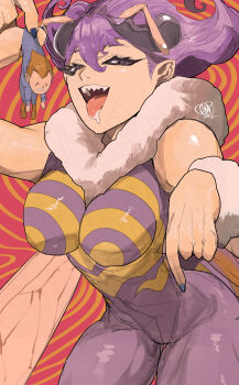 1boy 1girl antennae arthropod_girl blue_nails bodysuit breasts colored_sclera commentary_request darkstalkers defeat demitri_maximoff fingernails fur_collar highres imminent_vore insect_wings jinbei_(jinbei0608) large_breasts leotard looking_at_viewer mini_person monster_girl nail_polish open_mouth pointing purple_eyes purple_hair q-bee saliva sharp_teeth short_hair size_difference smile teeth tongue tongue_out vampire wings