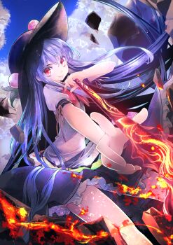 1girl blue_hair blue_sky commentary_request fire food fruit hat highres hinanawi_tenshi long_hair looking_at_viewer peach red_eyes skirt sky solo spell_card sumi_keiichi sword sword_of_hisou touhou weapon