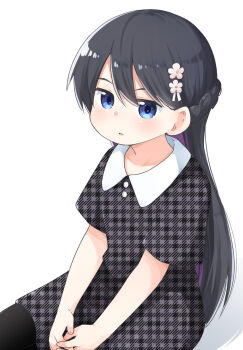 1girl black_dress black_hair black_pantyhose blue_eyes braid dress flower hair_flower hair_ornament hands_on_lap highres jitome light_blush long_hair looking_at_viewer mukunoki_nanatsu official_artist_extra pantyhose parted_lips plaid_clothes plaid_dress shirosaki_hana simple_background sitting solo watashi_ni_tenshi_ga_maiorita! white_background