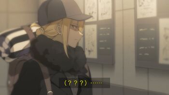 1boy ? ?? baseball_cap black_coat black_hat blonde_hair brown_bag coat dappled_sunlight facing_to_the_side fake_screenshot fake_subtitles fur_collar hat highres light_particles looking_at_object male_focus nintendo outdoors paper pokemon pokemon_legends:_arceus ponytail poster_(object) short_ponytail sidelocks solo sunlight tile_wall tiles upper_body volo_(pokemon) yuda_00x0