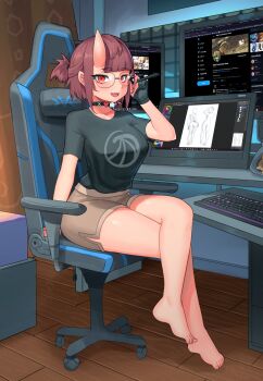 1girl absurdres artist_self-insert artistic_error bad_anatomy bad_feet barefoot black_choker breasts brown_hair brown_shorts chair choker commentary computer_keyboard crossed_legs desk dolphin_shorts drawing_tablet english_commentary full_body gaming_chair glasses gloves hair_pulled_back half_gloves heart heart_choker highres horns looking_at_viewer medium_breasts monitor original ponytail rajah_(dajah) red_eyes reversed_feet sharp_teeth shirt short_hair short_ponytail shorts single_half_glove single_horn sitting skin-covered_horns slit_pupils solo swivel_chair t-shirt teeth tented_shirt toes upper_teeth_only wrong_foot