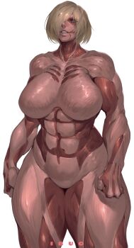 Rule 34 | 1girl, abs, absurdres, arms at sides, bad id, bad pixiv id, blonde hair, blue eyes, breasts, cowboy shot, exposed muscle, female titan, hair over one eye, highres, ibuo (ibukht1015), large breasts, looking at viewer, medium hair, muscular, muscular female, no nipples, no pussy, parted lips, shingeki no kyojin, simple background, solo, teeth, thick thighs, thighs, titan (shingeki no kyojin), white background