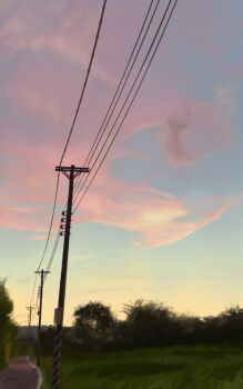 Rule 34 | blue sky, cloud, cloudy sky, commentary request, franky7702, gradient sky, meadow, no humans, original, outdoors, power lines, road, scenery, sky, sky focus, tree, twilight, utility pole