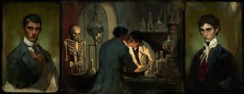 2boys absurdres alchemy arcane:_league_of_legends arcane_jayce black_hair blue_vest bottle coat collared_shirt commission crossover dishonored distillation_column formal_clothes highres indoors jayce_(league_of_legends) kiss laboratory league_of_legends male_focus multiple_boys multiple_views neck_ribbon omenbairn painterly portrait ribbon shirt short_hair skeleton vest viktor_(arcane) viktor_(league_of_legends) white_coat white_shirt yaoi