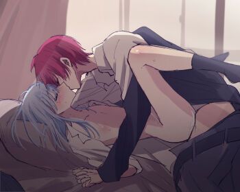 2boys akabane_karma anal ansatsu_kyoushitsu black_jacket black_socks blue_hair blush boy_on_top closed_eyes collared_shirt commentary_request hair_down highres holding_hands indoors jacket kiss long_hair long_sleeves male_focus multiple_boys naked_shirt nipples on_bed open_clothes open_shirt rauri_(nanami_09) red_hair shiota_nagisa shirt short_hair socks white_shirt yaoi