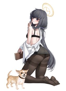 1girl absurdres ass back bags_under_eyes black_bra black_eyes black_hair black_panties black_pantyhose black_skirt blue_archive blush book bra breasts brown_halo chihuahua dog eyebrows_hidden_by_hair eyelashes feet finger_to_mouth fingernails floral_print floral_print_pants from_behind full_body hair_between_eyes hair_intakes hair_over_shoulder halo hand_up highres holding holding_book index_finger_raised jaffna kneeling knees_apart_feet_together lace lace-trimmed_panties lace_trim long_hair long_sleeves looking_at_animal looking_back no_shoes open_clothes open_mouth open_shirt panties panties_under_pantyhose pantyhose pencil_skirt print_panties purple_eyes sharp_teeth shirt shushing simple_background single_bare_shoulder skirt small_breasts soles solo straight_hair sweatdrop teeth thighband_pantyhose thighs toes ui_(blue_archive) underwear very_long_hair white_background white_shirt