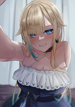 1girl aizawa_ema aizawa_ema_(1st_costume) aqua_hair bare_shoulders black_bow blonde_hair blue_dress blue_eyes blunt_bangs bow breasts cat_earrings choker cleavage criss-cross_halter dress earrings gradient_hair grin hair_flaps halter_dress halterneck hanatsuki_kia headpat highres jewelry lace lace-trimmed_choker lace-trimmed_skirt lace_trim large_breasts leaning_forward long_hair looking_at_viewer multicolored_hair pov reaching reaching_towards_viewer sash skirt smile solo virtual_youtuber vspo!