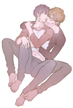 2boys ace_of_diamond black_hair black_pants brown_hair closed_eyes commentary_request feet full_body glasses green_pants imminent_kiss kiss_from_behind long_sleeves male_focus miyuki_kazuya multiple_boys navel no_shoes pants rectangular_eyewear renorenoko sawamura_eijun semi-rimless_eyewear short_hair simple_background sitting_between_lap spread_legs toenails toes white_background