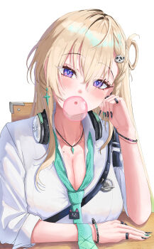 1girl absurdres aqua_nails aqua_necktie blonde_hair blowing_bubble_gum blue_eyes blush braid braided_bangs breasts chewing_gum cleavage commentary desk earrings fingernails hair_ornament headphones headphones_around_neck highres jewelry large_breasts livenvenz long_hair looking_at_viewer lynae_(wuthering_waves) mole multicolored_nails multiple_rings nail_polish necklace necktie on_desk ring shirt sitting skull_hair_ornament solo star_(symbol) star_earrings upper_body white_shirt wuthering_waves