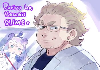 Rule 34 | 1boy, 1girl, brown hair, closed mouth, commentary request, copyright name, deep blizzard (dbmiyuki), double bun, facial hair, furrowed brow, glasses, green eyes, hair bun, hat, highres, lab coat, long hair, looking at viewer, mado hiroshi, mature male, monster girl, o3o, puniru (puniru wa kawaii slime), puniru wa kawaii slime, purple hair, short hair, slime girl, smile, stubble, sweatdrop, thick eyebrows, top hat, upper body