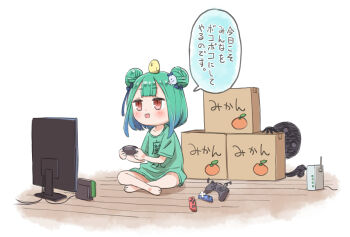1girl 1other animal animal_on_head baby_animal bird bird_on_head blunt_bangs blush box brown_eyes chick commentary_request controller crossed_legs double_bun game_controller green_hair green_shirt hair_bun highres holding holding_controller holding_game_controller hololive indian_style joy-con mikan_box monitor nintendo_switch on_floor on_head open_mouth piyoko_(uruha_rushia) playing_games router shirt short_hair simple_background sitting solo speech_bubble t-shirt television translated uruha_rushia virtual_youtuber watanabe_masafumi_(masafumi_127) white_background