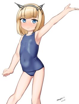 1girl absurdres aged_down arm_up blonde_hair blue_eyes blue_one-piece_swimsuit commentary_request covered_navel dated feet_out_of_frame flat_chest grey_hairband hairband headgear highres kantai_collection maru_(marg0613) old_school_swimsuit one-hour_drawing_challenge one-piece_swimsuit rodney_(kancolle) school_swimsuit short_hair simple_background solo swimsuit twitter_username white_background