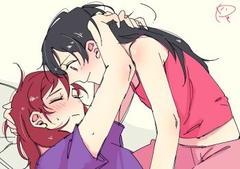 2girls arms_around_neck black_hair blush camisole closed_eyes closed_mouth commentary_request hair_down hand_in_another's_hair highres long_hair love_live! love_live!_school_idol_project medium_hair multiple_girls nishikino_maki pants pink_camisole pink_pants purple_shirt red_hair school_uniform shirt simple_background surfacedxxc yazawa_nico yellow_background yuri