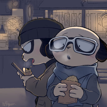 Rule 34 | 2021, 2boys, abby00531, bag, blue scarf, blush, brothers, cellphone, daimon kenshirou, daimon koushirou, glasses, highres, holding, holding bag, meerkat boy, meerkat ears, multiple boys, odd taxi, outdoors, phone, scarf, siblings, skullcap, smartphone, sweater