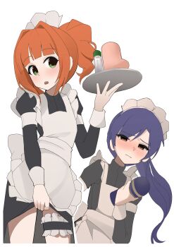 2girls absurdres apron black_dress blue_hair blush brown_eyes ch2haya_p closed_mouth commentary dildo dress frilled_thigh_strap green_eyes highres holding holding_sex_toy holding_tray idolmaster idolmaster_(classic) kisaragi_chihaya long_hair long_sleeves looking_at_viewer maid maid_apron maid_headdress multiple_girls orange_hair ponytail sex_toy simple_background symbol-only_commentary takatsuki_yayoi tenga thigh_strap tray twintails white_apron white_background