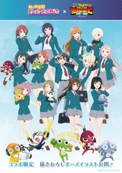 Rule 34 | 6+girls, absurdres, asaka karin, bag, belt, black hair, blonde hair, blue background, brown hair, commentary request, copyright name, dororo (keroro gunsou), emma verde, frog, giroro, glasses, grey hair, hat, headphones, highres, keroro, keroro gunsou, konoe kanata, kururu (keroro gunsou), long hair, looking at viewer, love live!, love live! nijigasaki high school idol club, mask, mia taylor, mifune shioriko, miyashita ai, mouth mask, multiple girls, nakasu kasumi, ninja mask, official art, osaka shizuku, pink hair, school bag, school uniform, short hair, sunrise (company), takasaki yu, tamama, tennoji rina, uehara ayumu, yuki setsuna, zhong lanzhu