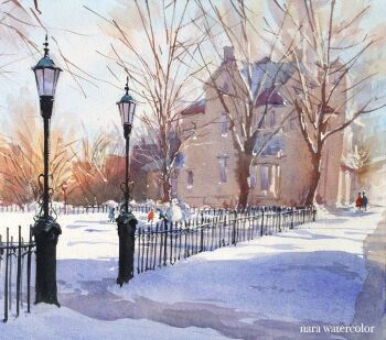 Rule 34 | artist name, bare tree, commentary request, fence, house, lamppost, morning, nara watercolor, original, outdoors, painting (medium), sidewalk, snow, snowman, traditional media, tree, watercolor (medium), winter