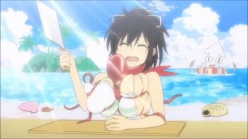 10s 1girl animal animal_between_breasts animated animated_gif apron asuka_(senran_kagura) bare_shoulders beach between_breasts black_hair breasts breasts_squeezed_together butcher_knife closed_eyes cloud deep_skin dekamori_senran_kagura dot_nose female_focus grabbing_another's_breast groping holding holding_knife island knife large_breasts light_rays long_hair molestation naked_apron neckerchief ocean octopus open_mouth outdoors ponytail sand screencap seashell senran_kagura shell sideboob sky squid starfish sunbeam sunlight tentacles upper_body water