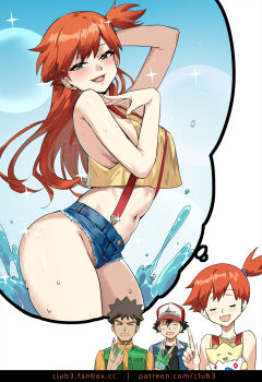 1girl 2boys :d aged_up ash_ketchum black_hair blush blush_stickers breasts brock_(pokemon) brown_hair closed_eyes club3 commentary crop_top denim denim_shorts english_commentary fingerless_gloves gen_2_pokemon gloves green_eyes hand_on_own_head hat highres large_breasts long_hair looking_at_viewer midriff misty_(pokemon) multiple_boys navel nintendo open_mouth orange_hair pokemon pokemon_(anime) pokemon_(classic_anime) short_shorts shorts sideboob smile speech_bubble suspenders thought_bubble togepi vest water wet