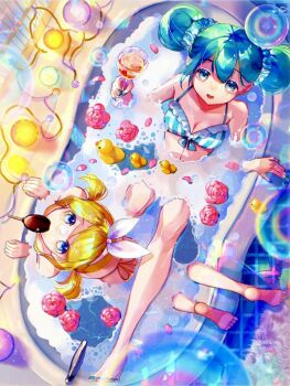 2girls air_bubble alternate_costume alternate_hairstyle aqua_hair aqua_nails bathing bathtub bikini blonde_hair blue_bikini blue_eyes bow breasts bubble commentary cup double_bun drinking_glass flower food food_in_mouth hair_bow hair_bun hair_ornament hairclip hatsune_miku holding holding_cup in_bathtub kagamine_rin looking_at_another looking_up medium_breasts multiple_girls nail_polish open_mouth parallel_hairclips partially_submerged petals petals_on_liquid pink_flower popsicle popsicle_in_mouth rubber_duck shared_bathing short_hair short_twintails small_breasts soap_bubbles swimsuit toenail_polish toenails tojirou_(usagi31415) twintails untranslatable_commentary vocaloid water white_bow yellow_bikini