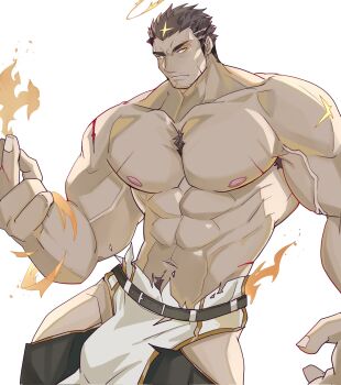 1boy abs armpit_hair armpit_hair_peek bara beard_stubble black_hair bodysuit bulge chest_tuft clothing_cutout cowboy_shot facial_hair fire flaming_halo halo highres huge_pectorals kasudachan large_hands looking_at_viewer male_focus mature_male muscular muscular_male navel navel_hair nipples pyrokinesis short_hair solo standing stomach strongman_waist stubble thick_eyebrows thigh_cutout tokyo_houkago_summoners topless_male torn_clothes tsurime veins veiny_arms yellow_eyes zabaniyya_(housamo)