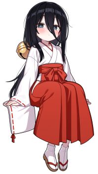 1girl absurdres bell black_hair chuugoku_usagi full_body hair_bell hair_between_eyes hair_ornament hakama hakama_skirt highres japanese_clothes jingle_bell long_hair looking_at_viewer miko red_hakama sandals shiguren_39 simple_background sitting skirt solo voicevox white_background