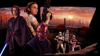 Rule 34 | 1girl, 5boys, anakin skywalker, bald, black sleeves, blue lightsaber, brandonsbrain, clone trooper, closed mouth, commentary, darth maul, dawn, energy sword, english commentary, fortnite, helmet, holding, holding sword, holding weapon, kneeling, lightsaber, looking at viewer, multiple boys, official art, padme amidala, pointing, shirt, short hair, soldier, standing, star wars, star wars: attack of the clones, star wars: revenge of the sith, star wars: the phantom menace, sword, upper body, weapon, white shirt