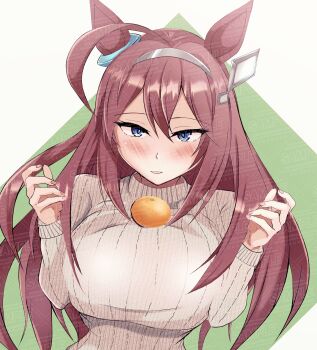1025ridoru 1girl absurdres ahoge animal_ears blue_eyes blush breasts brown_hair brown_sweater commentary_request food food_on_body food_on_breasts fruit grey_hairband hair_between_eyes hairband highres horse_ears horse_girl large_breasts long_hair long_sleeves looking_at_viewer mandarin_orange mihono_bourbon_(umamusume) object_on_breast oppai_mochi orange_(fruit) parted_lips sample_watermark silver_hairband solo sweater umamusume upper_body watermark