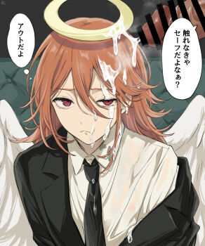 2boys angel_devil_(chainsaw_man) angel_wings annoyed arms_at_sides bar_censor black_coat black_necktie blazer censored chainsaw_man coat coat_partially_removed cum cum_on_body cum_on_hair cumdrip dress_shirt facial facing_viewer feathered_wings formal_clothes half-closed_eyes halo highres jacket looking_to_the_side loose_necktie male_focus min_(myna8247) multiple_boys necktie off_shoulder on_ground open_clothes open_coat orange_hair outdoors penis red_eyes shirt steam suit translated upper_body wet wet_clothes wet_shirt white_shirt white_wings wings yellow_halo