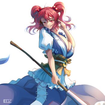 1girl absurdres breasts brown_sash cleavage coin coin_on_string diffraction_spikes dress edz_drawz frilled_dress frilled_sleeves frills from_side hair_bobbles hair_ornament hand_up highres holding holding_scythe huge_breasts large_breasts lens_flare light_blush looking_at_viewer obi obidome onozuka_komachi red_eyes red_hair sash scythe short_hair short_sleeves signature simple_background solo touhou transparent_background two_side_up upper_body