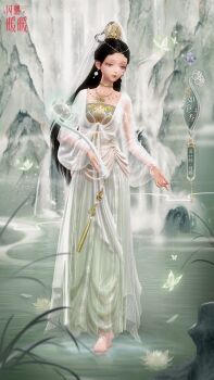 1girl 3d artist_request barefoot barefoot_sandals_(jewelry) black_hair chinese_clothes chinese_text circlet closed_mouth commentary copyright_name dress earrings english_commentary eyeshadow flower forehead full_body gold_choker gold_necklace grass green_dress green_eyes hair_ornament highres holding holding_flower jewelry light_particles light_smile lipstick logo long_dress long_hair long_sleeves looking_down lotus makeup necklace nikki_(series) official_art outdoors puffy_long_sleeves puffy_sleeves red_eyeshadow red_lips ripples rock see-through_clothes see-through_shawl see-through_veil shawl shining_nikki solo sphere_earrings standing stone_lantern straight_hair third-party_source toes topknot translation_request veil very_long_hair walking walking_on_liquid water waterfall white_flower white_shawl white_veil