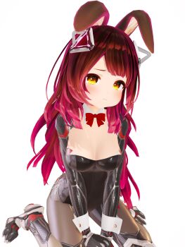 3d :l alternate_costume animal_ears breasts brown_hair fake_animal_ears gradient_hair hair_ornament highres hololive inflated_lips kneeling long_hair mechanical_arms mechanical_legs medium_breasts multicolored_hair playboy_bunny pout red_hair roboco-san sad virtual_youtuber white_background
