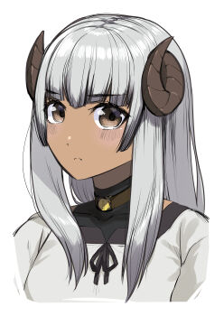1girl absurdres blush brown_eyes chiyu_mahou_no_machigatta_tsukaikata closed_mouth cropped_torso dark-skinned_female dark_skin eyebrows_hidden_by_hair felm_(chiyu_mahou) flat_chest highres horns looking_at_viewer medium_hair sheep_horns shirt simple_background solo tomokoeshi white_background white_hair white_shirt