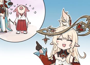 2girls aged_down alice_(genshin_impact) black_gloves blonde_hair closed_eyes crying detached_sleeves facing_viewer genshin_impact gloves hand_up highres index_finger_raised japanese_clothes long_hair long_sleeves miko multiple_girls open_mouth pink_hair pointy_ears smile xinzoruo yae_miko