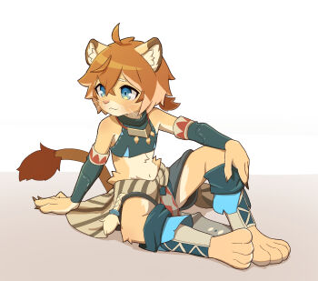 1boy absurdres animal_ears barefoot claws closed_mouth commentary_request crop_top fang furry furry_male highres korean_commentary lion_boy lion_ears lion_tail looking_at_viewer male_focus navel ponytail rokroc205 sitting skin_fang smile tail theo_(world_flipper) world_flipper