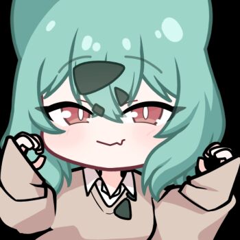 1girl acomu414 animated animated_gif brown_sweater chibi closed_mouth collared_shirt commentary_request fang fang_out green_hair gyaru_bulbasaur hair_ornament hairclip heart korean_commentary long_sleeves nintendo open_mouth personification pokemon pokemon_pokopia puffy_long_sleeves puffy_sleeves red_eyes school_uniform shirt simple_background sleeves_past_wrists solo sweater upper_body white_background white_shirt