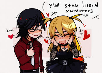 1boy 1girl amane_misa black_hair blonde_hair blush chibi chibi_only cross cross_necklace death_note fingernails goth_fashion heart highres huyandere implied_bisexual implied_yaoi jewelry l_(death_note) lace lace_trim mikami_teru necklace necktie shirt short_twintails smile twintails