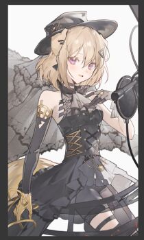 1girl ajirui animal_ears arknights ascot bang_dream! bang_dream!_it&#039;s_mygo!!!!! bare_shoulders black_border black_dress black_gloves black_hat black_shorts black_veil blonde_hair border chinese_commentary commentary_request corset cowboy_shot crinoline dog_ears dog_girl dress gloves hand_up hat kemonomimi_mode looking_at_viewer medium_hair microphone misumi_uika misumi_uika_(caged_singer) open_mouth purple_eyes shorts solo standing veil