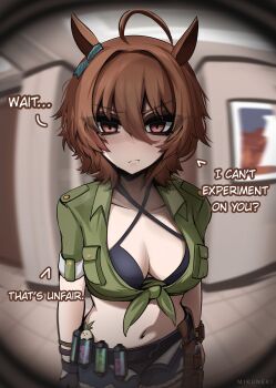 1girl absurdres agnes_tachyon_(lunatic_lab)_(umamusume) agnes_tachyon_(umamusume) animal_ears black_gloves blush breasts brown_hair closed_mouth gloves green_shirt hair_between_eyes highres horse_ears horse_girl large_breasts looking_at_viewer mikuneki navel pout red_eyes shirt short_hair short_sleeves single_glove solo stomach tied_shirt umamusume