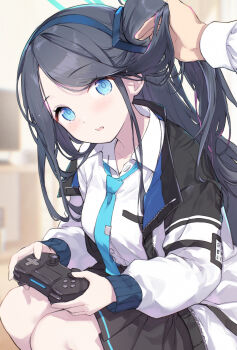 1girl alt_text aris_(blue_archive) black_hair black_jacket black_skirt blue_archive blue_eyes blue_halo blue_jacket blue_necktie blush collarbone collared commentary_request controller halo highres holding holding_another's_hair holding_controller jacket long_bangs looking_at_viewer miya_kazutomo multicolored_jacket necktie one_side_up open_clothes open_jacket pleated_skirt sensei_(blue_archive) shirt sidelocks sitting skirt solo two_sided_jacket white_jacket white_shirt white_sleeves