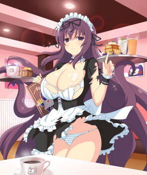 1girl apron basket bebe-tan black_ribbon black_wrist_cuffs blue_panties blueberry blush bow bow_panties breasts butter cafe ceiling ceiling_light character_cookie character_print choker cleavage coffee collarbone cup dress drink drinking_glass food food_on_body food_on_breasts frilled_choker frilled_wrist_cuffs frills fruit garnish glass groin hair_between_eyes hair_ribbon heart holding holding_menu holding_plate huge_breasts indoors large_breasts lens_flare long_hair looking_at_viewer macaron maid maid_apron maid_headdress maple_syrup menu murasaki_(senran_kagura) official_art pancake pancake_stack panties plate poster_(object) prehensile_hair purple_eyes purple_hair purple_ribbon restaurant ribbon senran_kagura senran_kagura_new_link senran_kagura_shinovi_versus shiny_skin sidelocks skindentation smile solo souffle_(food) souffle_pancake sparkle standing striped_clothes striped_panties stuffed_animal stuffed_toy suggestive_fluid syrup table teacup teddy_bear torn_apron torn_clothes torn_dress torn_sleeves two-tone_panties underbust underwear very_long_hair water white_apron white_panties wrist_cuffs yaegashi_nan