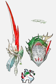 absurdres chibi chibi_inset commentary_request dated gallade gem gen_4_pokemon glowing glowing_weapon green_trim highres mega_gallade mega_pokemon nintendo pokemon pokemon_(creature) red_gemstone red_trim shield signature spikes sukepmonster sword weapon weapon_focus white_background