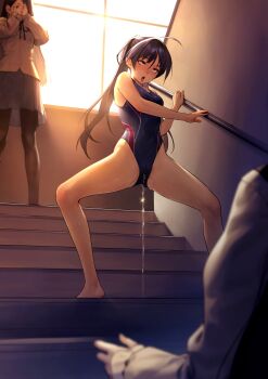2girls absurdres ahegao backlighting barefoot beeeeen black_hair cameltoe commentary_request commission competition_school_swimsuit competition_swimsuit covering_face covering_own_eyes high_ponytail highleg highleg_one-piece_swimsuit highres humiliation long_hair multiple_girls on_stairs one-piece_swimsuit open_mouth original pantyhose partial_commentary pee peeing peeing_self pixiv_commission pleated_skirt ponytail public_indecency pussy_juice rolling_eyes school_swimsuit school_uniform skirt spread_legs stairs swimsuit tongue tongue_out