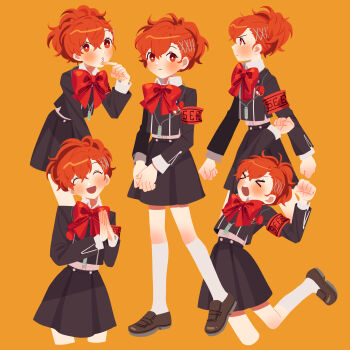 Rule 34 | &gt; &lt;, 1girl, :3, :d, armband, black jacket, black skirt, blush, bow, bright pupils, brown hair, brown shoes, closed eyes, collared shirt, cropped jacket, digital media player, finger to mouth, gekkoukan high school uniform, hair ornament, hairclip, headphones, highres, jacket, kneehighs, loafers, multiple girls, open mouth, orange background, own hands together, persona, persona 3, persona 3 portable, red armband, red bow, red eyes, school uniform, shiomi kotone, shirt, shoes, short hair, simple background, skirt, smile, socks, white pupils, white socks, yomyompi