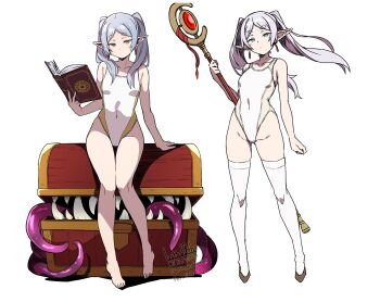 1girl alternate_costume batta_16-sei book breasts competition_swimsuit covered_navel earrings elf fangs frieren full_body green_eyes grey_hair highres holding holding_book holding_staff jewelry long_hair looking_at_viewer mage_staff mimic one-piece_swimsuit pointy_ears simple_background small_breasts sousou_no_frieren staff standing swimsuit thighhighs twintails white_background white_thighhighs