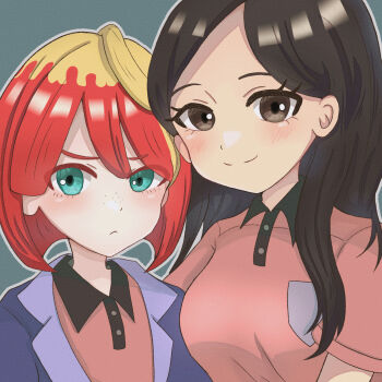 Rule 34 | 2girls, 3656 chan, ahoge, alternate costume, black eyes, black hair, blonde hair, blush, breast pocket, breasts, closed mouth, collared jacket, collared shirt, commentary request, eri (pokemon), eyelashes, freckles, green eyes, highres, jacket, long hair, mela (pokemon), multicolored hair, multiple girls, nintendo, official alternate hairstyle, open clothes, open jacket, outline, pink shirt, pocket, pokemon, pokemon sv, purple jacket, red hair, shirt, short hair, short sleeves, simple background, smile, team star, two-tone hair