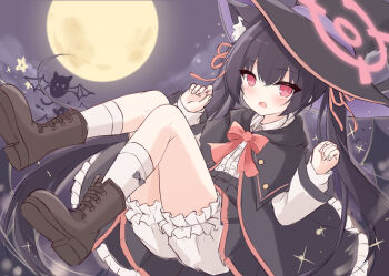 1girl alternate_costume animal_ear_fluff animal_ears black_cape black_hair black_hat bloomers blue_archive boots brown_boots cape cat_ears cat_girl center_frills commentary frills full_moon halloween halo hat long_hair long_sleeves looking_at_viewer mochizuki_riku moon open_mouth pink_eyes pink_halo serika_(blue_archive) shirt socks solo twintails underwear unfinished white_bloomers white_shirt white_socks witch_hat