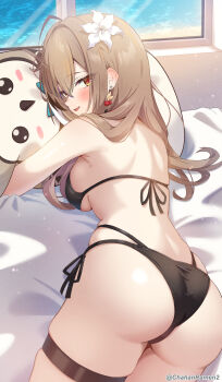 Rule 34 | 1girl, ahoge, alternate costume, ass, bikini, black bikini, black hair, breasts, brown eyes, brown hair, chahanramen, cherry earrings, commentary, crossed bangs, day, double-parted bangs, earrings, english commentary, flower, food-themed earrings, food themed earrings, hair between eyes, hair flower, hair ornament, halterneck, highres, hololive, hololive english, hugging object, indoors, jewelry, long hair, looking at viewer, looking back, lying, median furrow, medium breasts, multi-strapped bikini bottom, multicolored hair, nanashi mumei, ocean, on bed, on stomach, open mouth, pillow, pillow hug, red pupils, shoulder blades, side-tie bikini bottom, sideboob, smile, solo, streaked hair, string bikini, swimsuit, thigh strap, virtual youtuber, white hair